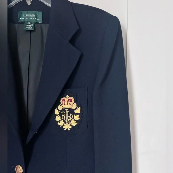 Lauren Ralph Lauren Navy Blue Preppy Academia Gold Logo Crest Wool Blazer sz 10 - Picture 8 of 12